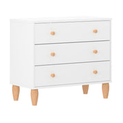 Buzz & Bloom Small Kids 3-Drawer Wood Dresser Chest, White and Natural, Child-Safe Interlocking Drawers, Solid Rubberwood Legs