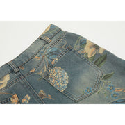Panan Retro Inspired Floral Printed High-Waisted Wide-Leg Denim Jeans, Light Wash Blue, Mid-Rise, Full Length, Cotton
