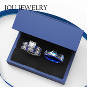 IOU 3pc Couples Wedding Ring Set, Sterling Silver Women's Heart-Cut Blue Moissanite, Titanium Men's Band