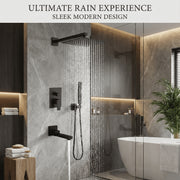 LIFERECORD 3-in-1 Matte Black Bathroom Shower Fixture with Rainfall Shower Head, Handheld Shower, Tub Spout, Brass Rough-In Valve ZX-HS610-BK