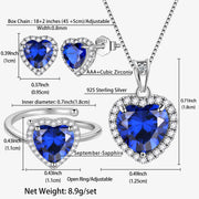 Juwaliy Sapphire Heart Jewelry Set with Blue Sapphire September Birthstone, 925 Sterling Silver Necklace, Earrings, Adjustable Ring