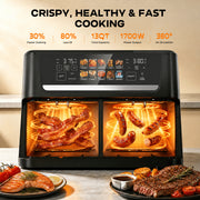Patbrela 13QT Dual Basket Air Fryer Oven, 1700W, 10-in-1 Digital Touchscreen, Independent Temperature Control, Black, AF310
