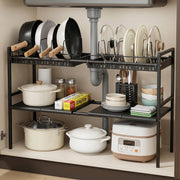 Sentryse Expandable Pots and Pans Organizer, 2-Tier Adjustable Pot Rack with 2 Removable Lid Holders, Black