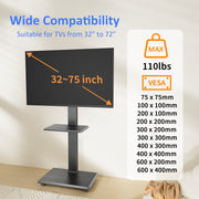 Afaloona Rolling TV Stand Mobile Cart, Black Iron Frame, Fits 32-75 Inch TVs, Supports Up to 110 lb, 18 Adjustable Heights, Swivel Mount with Shelf, Max VESA 600x400mm