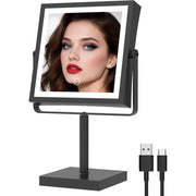 Ruacq 290-B Rechargeable Makeup Mirror, 4000mAh Battery, Lighted Vanity Mirror with 1X/10X Magnification, 3 Adjustable Color Lights, Brightness Control, Height Adjustable, 360 Rotation, Matte Black