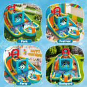 Patbrela 9 in 1 Large Inflatable Water Slide Bounce House with 750W Blower, Dual Water Slides, Water Blasters, Deep Pool, Basketball Hoop, Water Cannon, 211 in x 104 in x 143 in