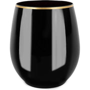 PLASTICPRO Disposable Stemless Wine Glasses, 12 Oz, Black and Gold Rim, Pack of 6, BPA-Free Shatterproof Plastic Cups