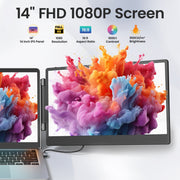 Tlscon Portable Monitor, 14 Inch 1080P FHD IPS Display, Built-in Dual Speakers, Foldable Stand, USB-C HDMI Compatible, Black, S3