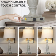 Cinkeda Table Lamps Set of 2, 3-Way Dimmable Touch Control, Beige Linen Shade, Resin Farmhouse Rattan Base with USB A+C Ports and AC Outlet