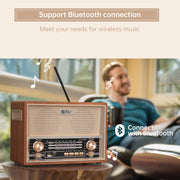 Topteng Retro Portable Radio Speaker with AM FM SW1 SW2 Bands, Wooden Shell, USB SD Playback, AUX Headphone Jack, Built-in Rechargeable Battery, Brown, 18603021051