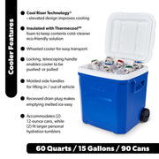 Igloo 60 QT Laguna Ice Chest Cooler with Cool Riser Technology, Wheeled, Locking Telescoping Handle, Cyan Blue