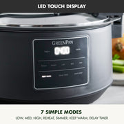 GreenPan 8 Quart Locking Lid Slow Cooker, Healthy Ceramic Nonstick, LED Touch Display, Portable Design, Graphite Blue