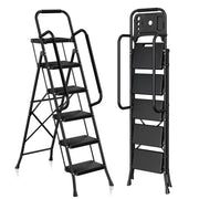 PhiloDeco 5 Step Folding Ladder, Steel Frame, Anti-Slip Pedals, Tool Tray, Foldable, Lightweight, Supports 450lb