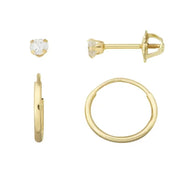 Brilliance Fine Jewelry Girls Cubic Zirconia Stud Earrings 3mm and 12mm Endless Hoop Earrings Set in 10K Yellow Gold