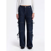 No Boundaries Women's Bow Cargo Jeans, Wide-Leg, High-Rise, Dark Wash, Juniors 00-18, 30.5 in Inseam, 12