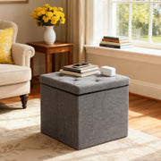 Wakefit Storage Ottoman Bench, Folding Cube with Lid, 350 lbs Capacity, Grey Fabric Footrest Seat, 15 Inch