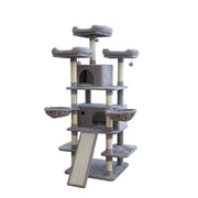 Vibrant Life Heavy Duty 8-Level 66 in Cat Tree with Two Condos, Soft Hammocks, Scratching Ramp, Sisal Wrapped Posts, Dangling Pom Toys, Light Gray