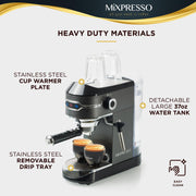 Mixpresso 119619 Automatic Espresso Machine with Milk Frother 15-Bar, 37-Oz Coffee Maker, Titanium