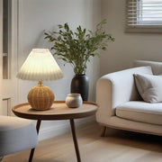 Small Boho Wicker Table Lamp with Pleated Lampshade and USB Ports, Style-A