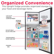 Frigidaire Top Mount Refrigerator, 7.5 Cu. Ft. Capacity, Black, Adjustable Glass Shelves, Transparent Vegetable Crisper, Adjustable Leveling Legs and Rear Castors