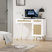 Eumyviv D0006 Rattan Writing Desk, Classic Computer Desk with Drawers and Storage, White