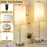 NATYSWAN Minimalist Table Lamp Set of 2, Gold Finish, Marble Base, Fabric Shade, Pull Chain, Small Desk Lamps for Bedroom and Living Room