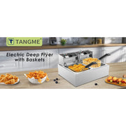 Tangme Commercial Deep Fryer, 3400W Electric, Dual 6.35QT Baskets, 0.8mm Thickened Stainless Steel, 20.7QT Capacity, Temperature Limiter, 82