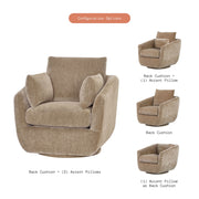 Beautiful Louisa Swivel Accent Chair, Mid-Century Modern, Stain-Treated Polyester Upholstery, Latte Finish, Includes 3 Accent Pillows