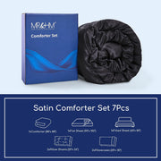 MR&HM Satin Comforter Set, 7 Pieces, Queen Size, Black, Pinch Pleat Design, Silky Soft Polyester Satin Bedding