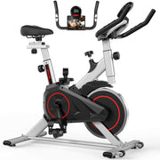Patbrela Indoor Exercise Bike, Quiet Bidirectional Belt Drive, 100-Level Adjustable Resistance, Compact Silver Design, Adjustable Seat and Handlebars, Supports Up to 280 lbs, QK101