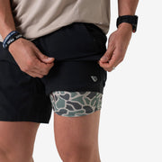 Burlebo Men's Athletic Shorts, Heather Black Retro Duck Camo, Large, 4-Way Stretch, Moisture-Wicking, Lightweight Performance