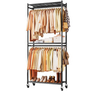 Sakugi Heavy-Duty Clothes Rack with Mesh Shelves, Hooks, Wheels with Brakes, Black, 32.5 x 11.9 x 78.9 in