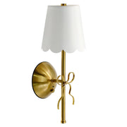 Home Decor Collection Sterling & Noble Cordless Rechargeable Brass Wall Sconce with Bow Motif and Fabric Scalloped Shade, Dimmable LED, Remote Control, 13 in, 16225