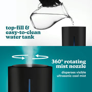 Homedics UHE-CMTF20-BK Ultrasonic Humidifier, Cool Mist, Easy Top Fill with up to 44 Hour Run Time, .96 Gallon, Black