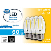 Technical Consumer Products Inc Great Value LED B10 Deco Lamp, 4W Energy Efficient, Dimmable, Soft White, E26 Medium Base, 4-Pack