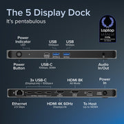 Plugable UD-7400PD USB-C Docking Station, Supports 5 Monitors, HDMI 2.1 8K and HDMI 2.0 4K, 3 USB-C DisplayLink Ports, 140W Laptop Charging, 2.5Gbps Ethernet, USB-A and USB-C Ports, Kensington Lock Slot