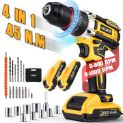 RELOIVE 21V Cordless Drill Driver Power Set, 4-in-1 Multifunctional Tool, 45N.m Torque, 3/8 in Keyless Chuck, Dual 2000mAh Batteries, Yellow