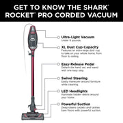 Shark HV370 Rocket Pro Corded Stick Vacuum, Carpets & Hardfloors, XL Capacity, Red