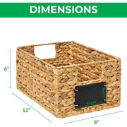 Vasgor Natural Water Hyacinth Woven Storage Basket Set, Rectangular, 12 in x 9 in x 6 in, Off-White, 6 Pack, Built-in Handles with Chalkboard Label
