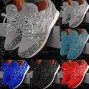DIOXADOP Women's Casual Lace-Up Sneakers, Breathable Crystal Sparkling Design, Comfortable Wide Fit Flat Platform Heels
