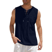 HAOMEILI Men's Cotton Linen Tank Top Shirts Casual Sleeveless Lace up Beach Hippie Tops Bohemian Renaissance Pirate