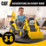 Kid Trax 12V CAT Backhoe Loader Ride-On Excavator with Functional Loaders, Realistic Sounds, MP3 Player, Yellow and Black, Ages 3-6, Supports Up to 66 lbs