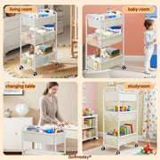 Gofinoday 3-Tier Diaper Caddy Cart with Adjustable Dividers and 8 Mesh Side Pockets, Lockable Wheels, White Metal Frame, 17x11x32 in