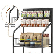 IAJXWI 4663 4-Tier Snack Display Rack with 10 Detachable Hooks, Lockable Casters, Black Metal, 23.6 x 10.6 x 67 in