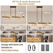 Lzawvm Linear Chandelier, 11-Light Pendant with Amber Swirled Glass Globes, Black Metal Finish, Adjustable Height, 51 Inch, 48719