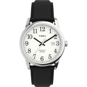 Timex Easy Reader Men's Wrist Watch, 38mm Silver-Tone Brass Case, White Dial with Arabic Numerals, Black Genuine Leather Strap, Indiglo Backlight, Date Display, TW2P75600