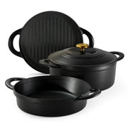 Tramontina 4-Piece Stackable Enamel Cast Iron Cookware Set, Matte Black/Gold Knob