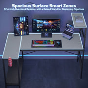 RSPGAME 57 Inch Reversible L-Shaped Gaming Desk with RGB LED Lights, Extra Large Surface, H-Style Display Shelf, Headphone Hook, Black