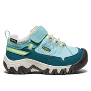 KEEN Kids Targhee 4 Low Hiking Shoes, Waterproof Leather and Mesh, Lace Lock Bungee Closure, Reef Waters/Daiquiri Green, Big Kid Size 7, 1029794