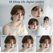 XLURC 6K Digital Camera, 84MP Sensor, 18X Digital Zoom, Wi-Fi Enabled, 3-Inch Flip-Up Touchscreen, Black, JWD-WX09-1-6K-Black